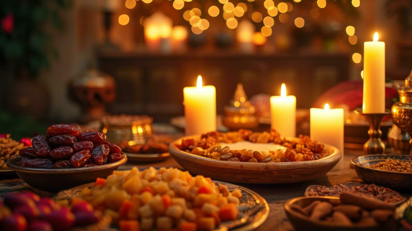AI generated Warm candlelit setting with dates, traditional dishes, and a spirit of togetherness with copy space. photo