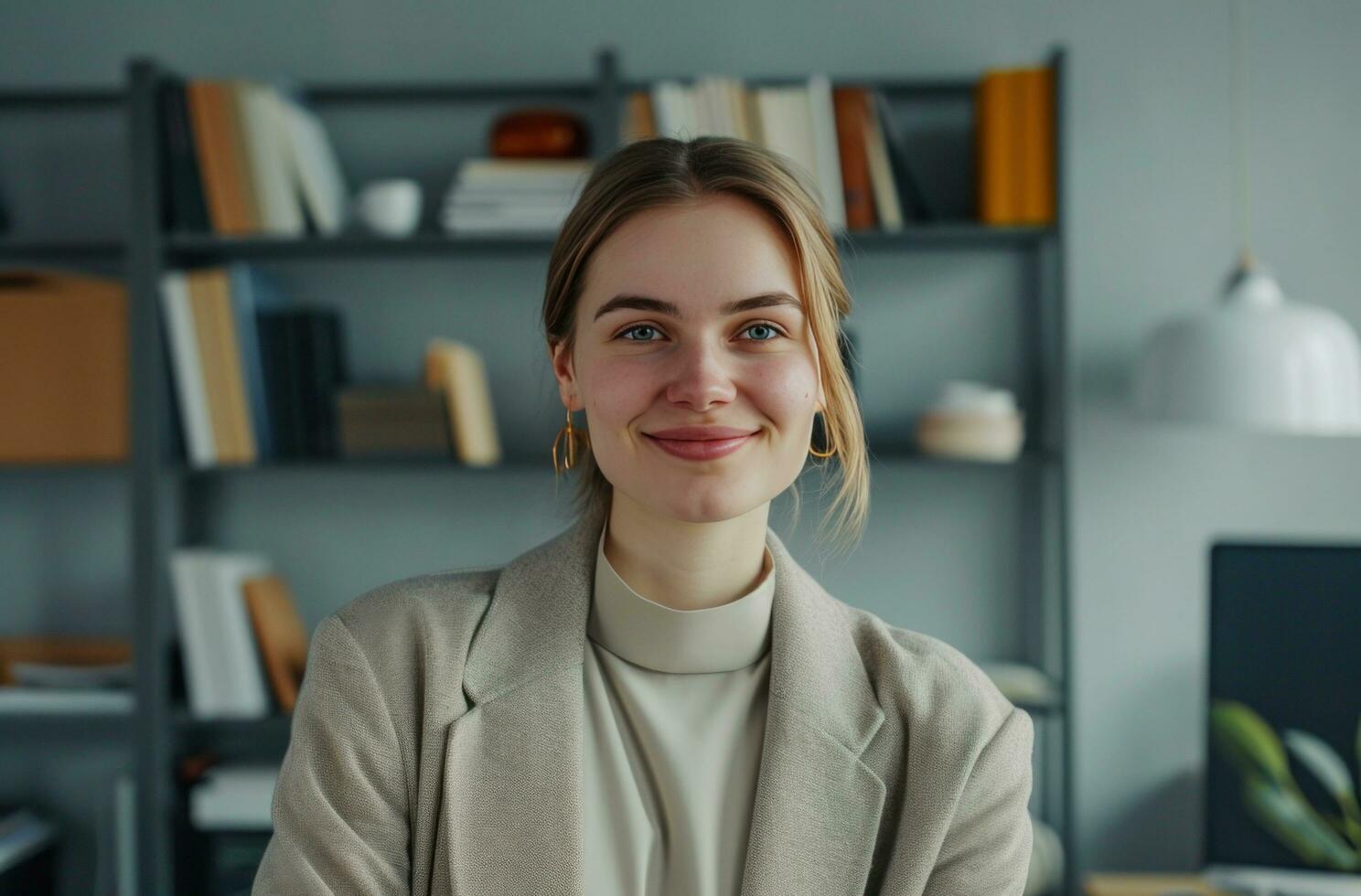 AI generated woman smiling with office work materials in front of her photo