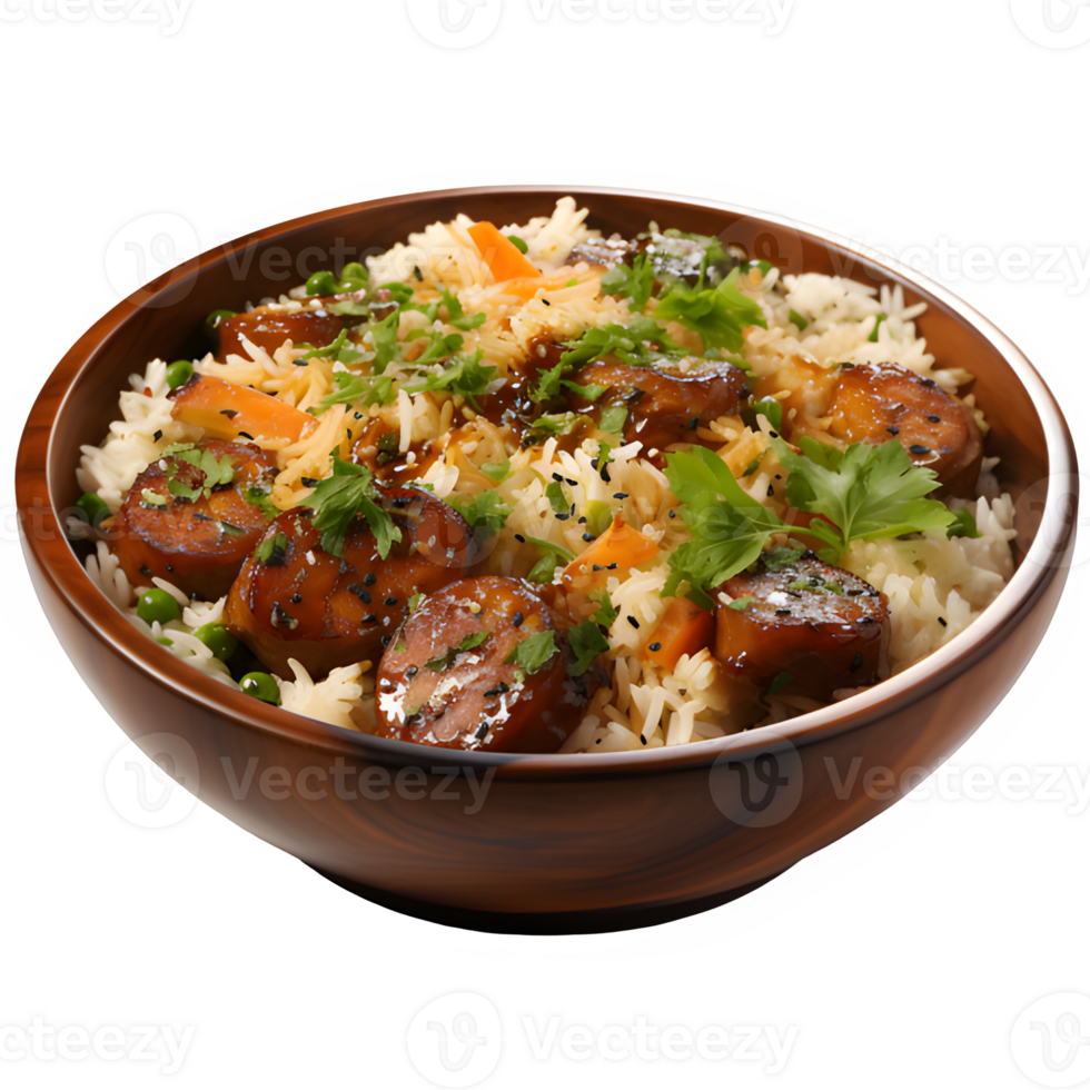 AI generated fried rice in a wooden bowl isolated on transparent background ,generative ai png