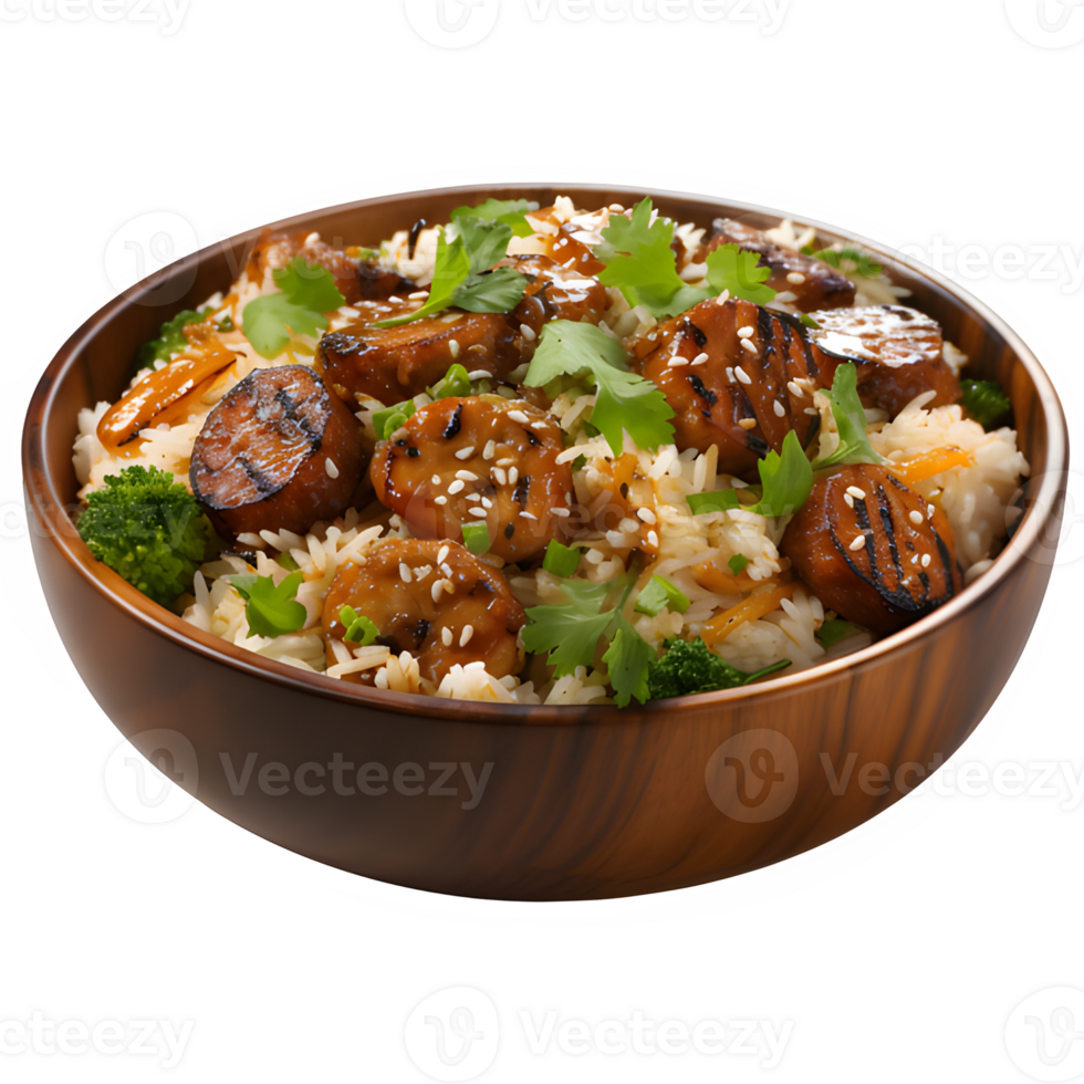 AI generated fried rice in a wooden bowl isolated on transparent background ,generative ai png
