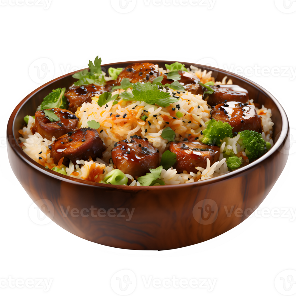 AI generated fried rice in a wooden bowl isolated on transparent background ,generative ai png