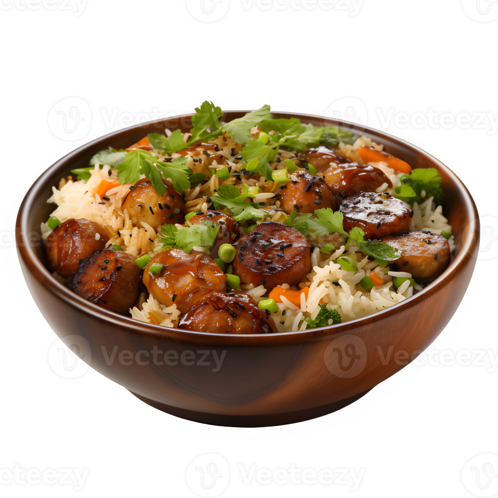 AI generated fried rice in a wooden bowl isolated on transparent background ,generative ai png