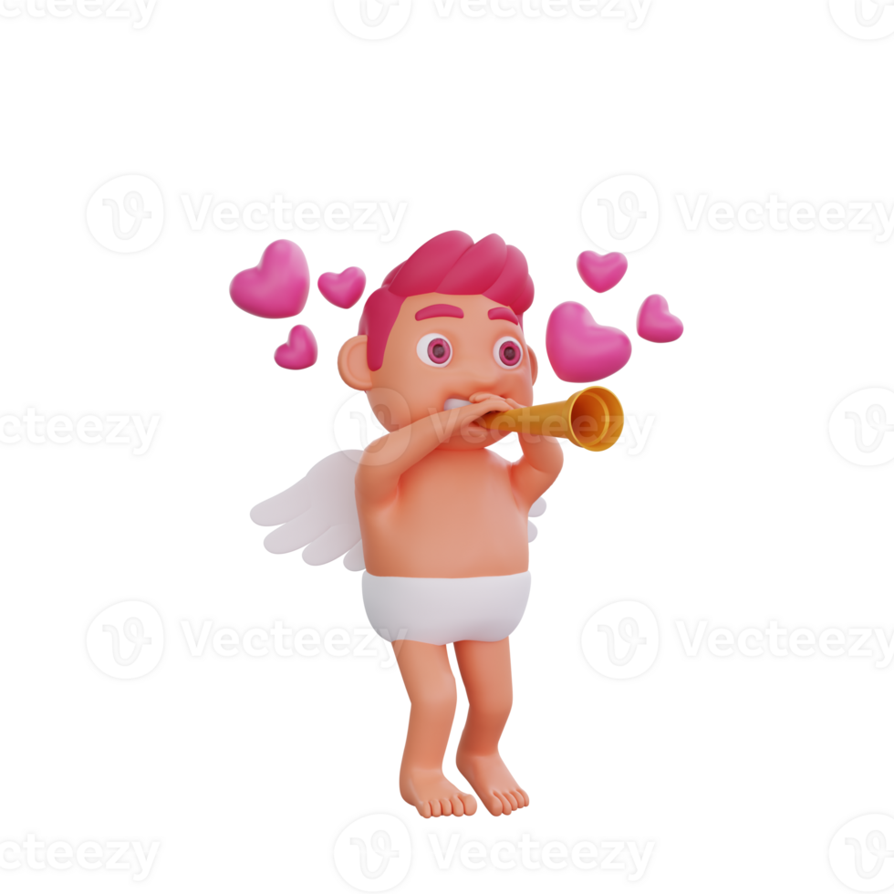 3d Illustration von Valentinstag Amor Charakter spielen ein golden Trompete png