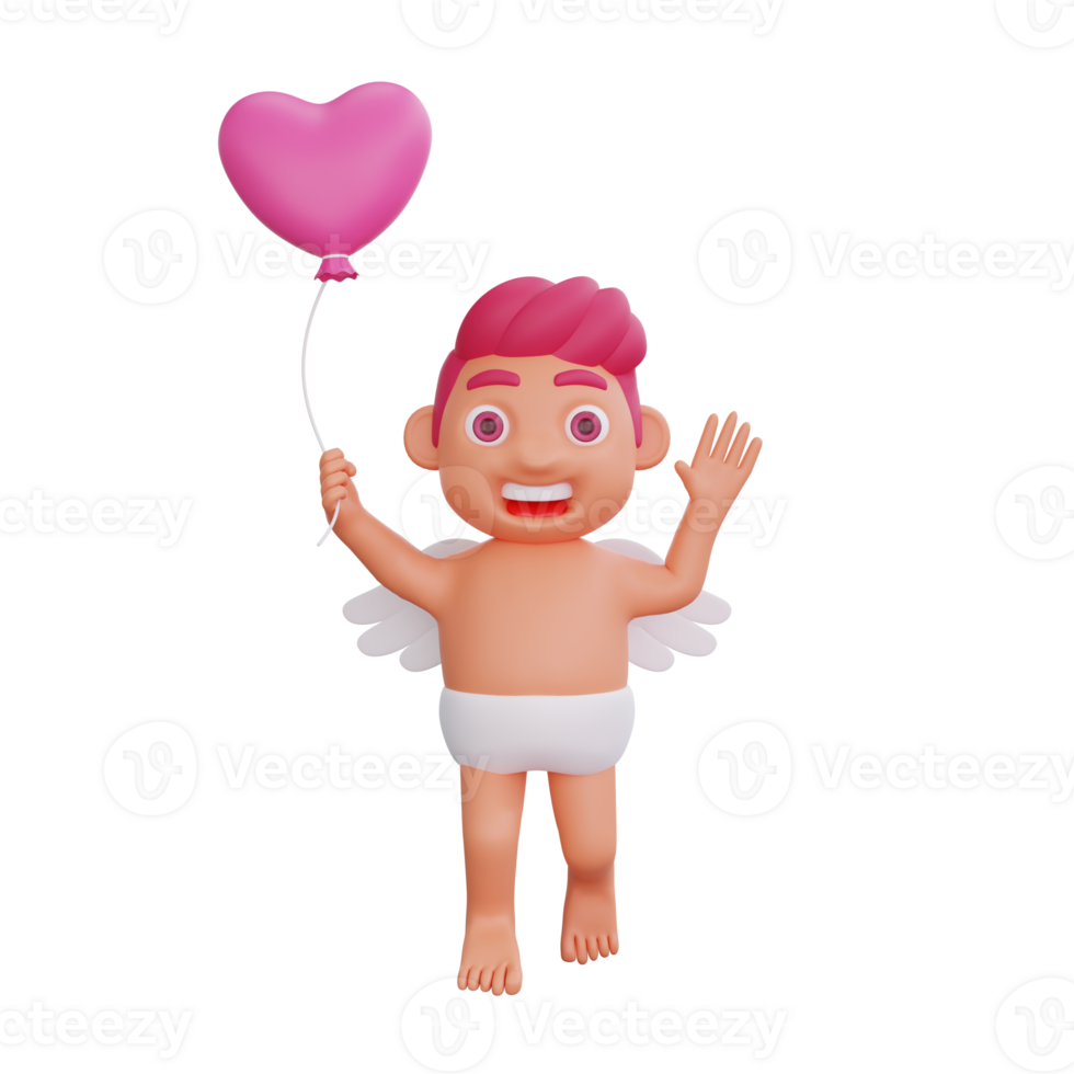 3d illustratie van Valentijn Cupido karakter blij met hart ballon png