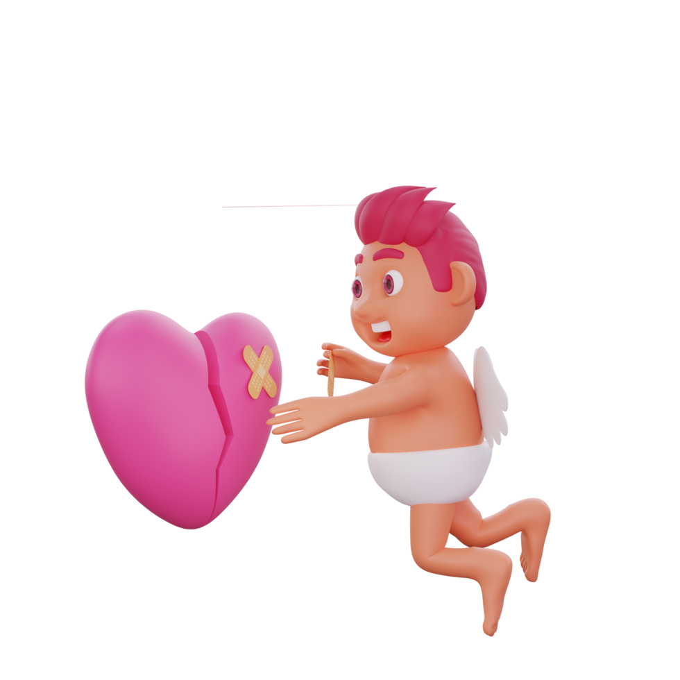 3D illustration of Valentine Cupid character fixing a broken heart png
