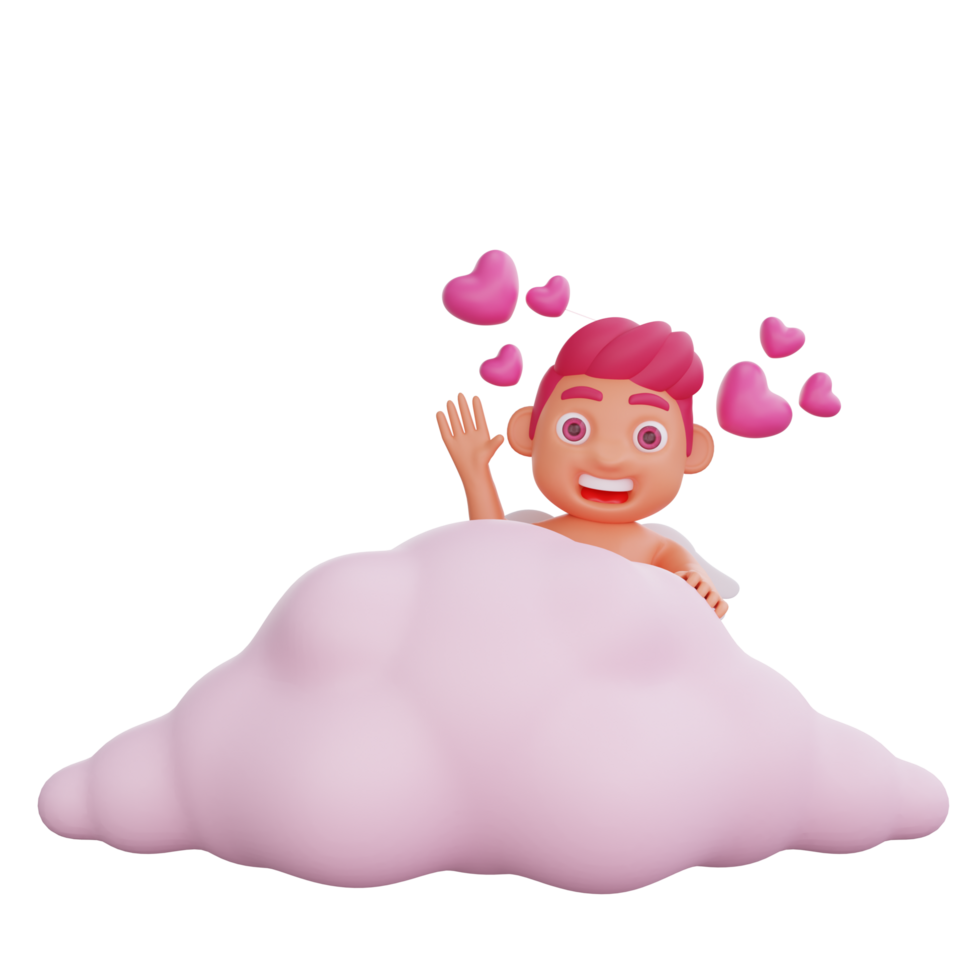 3d illustration av valentine cupid karaktär dölja Bakom rosa moln medan vinka png