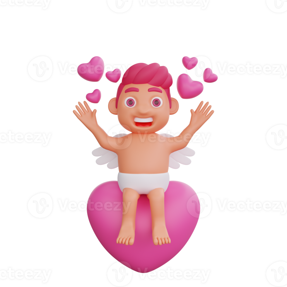 3D illustration of Valentine Cupid character Sitting atop a large heart while waving png