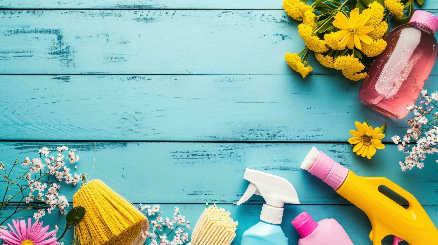 AI generated spring cleaning advertisment background with copy space photo