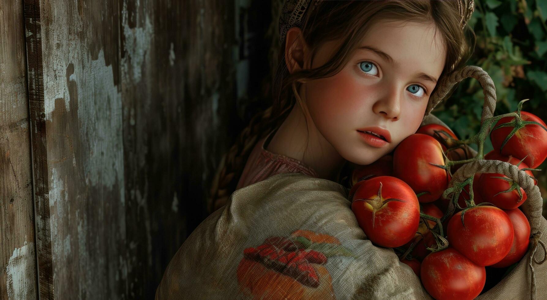 ai generado un niña con un saco de Tomates foto