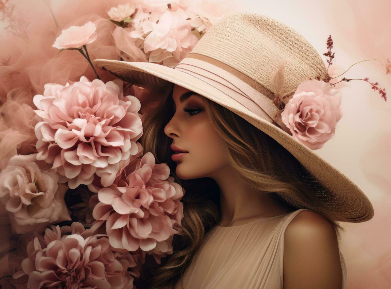 AI generated woman with hat and flowers photo