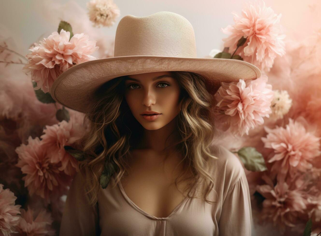 AI generated woman with hat and flowers photo