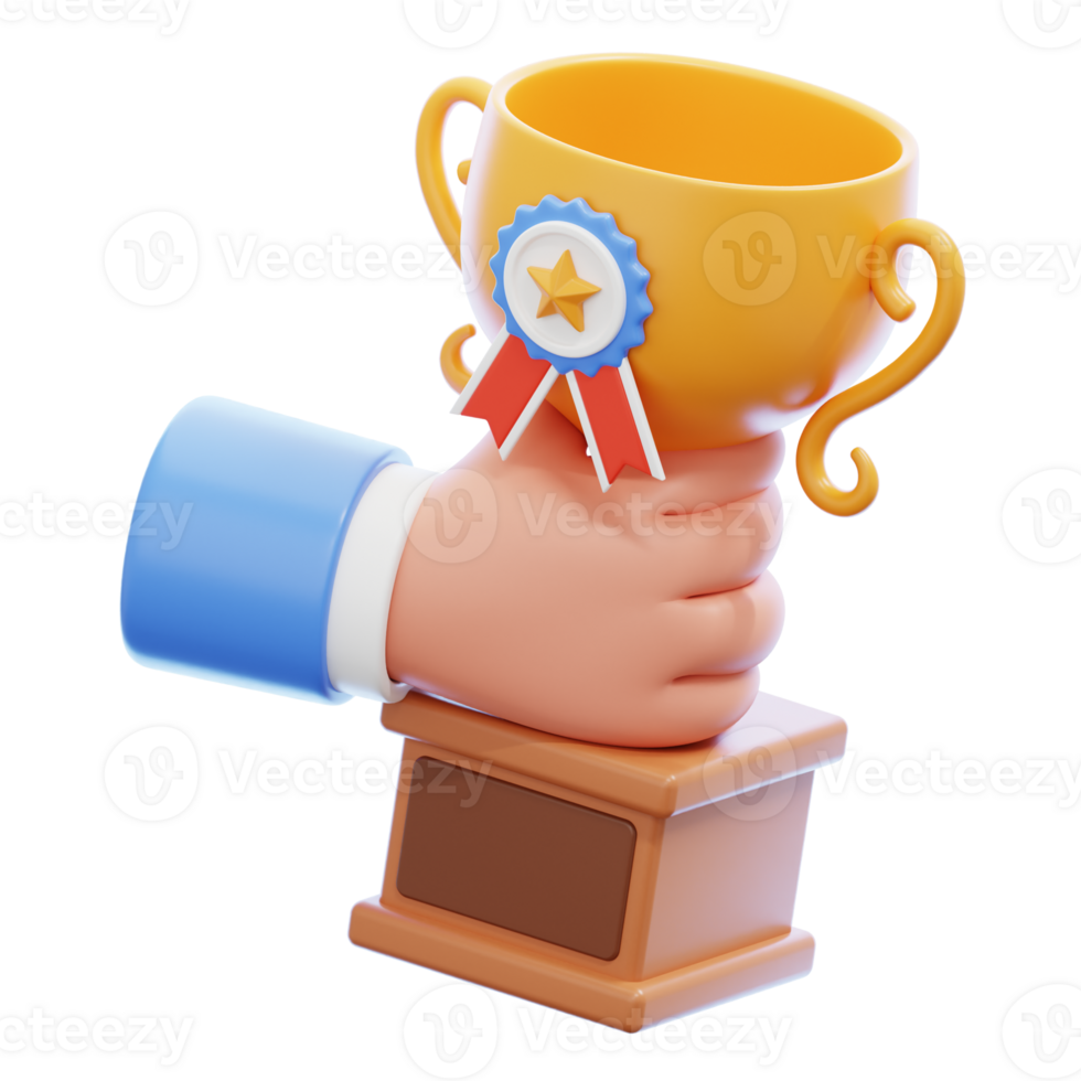 3D render of hand holding a trophy cup. Celebrating victory and success 3d illustration isolated png