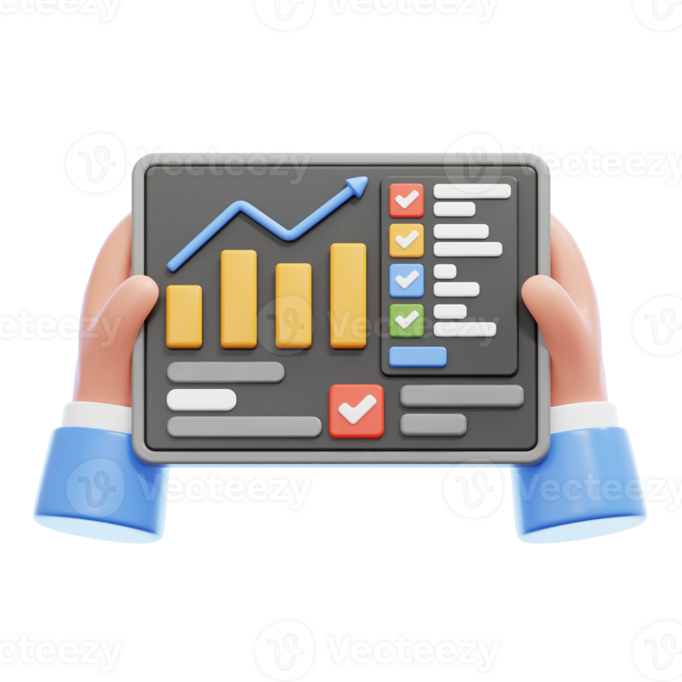 A hand holding a tablet with a graph bar and a chart 3d illustration png