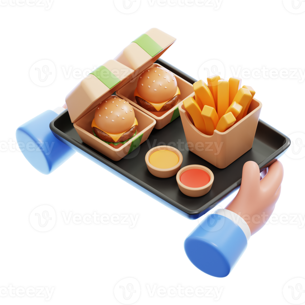 3D rendering of a hand gracefully serving a mouthwatering fast food meal in a box, providing the ultimate indulgence in the world of fast food. png