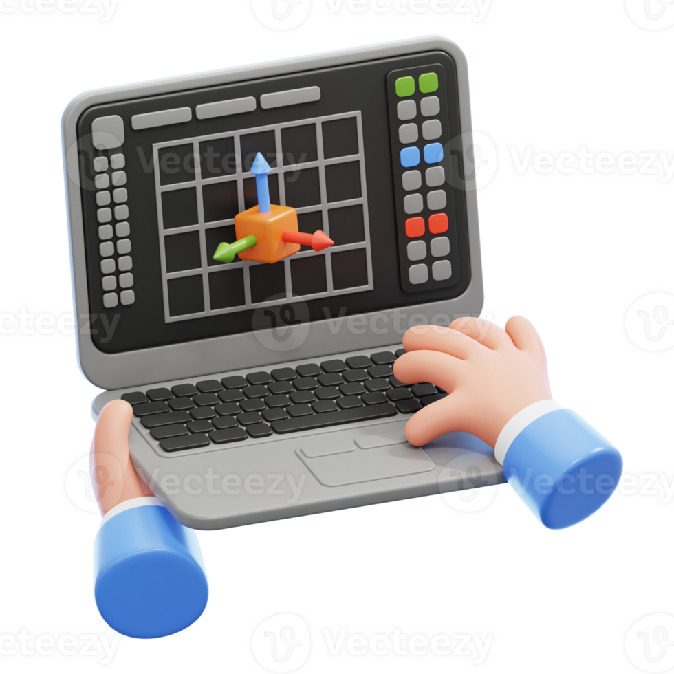 3D rendering of a hand using a laptop computer for graphic design. Graphic designer concept 3d illustration isolated. png