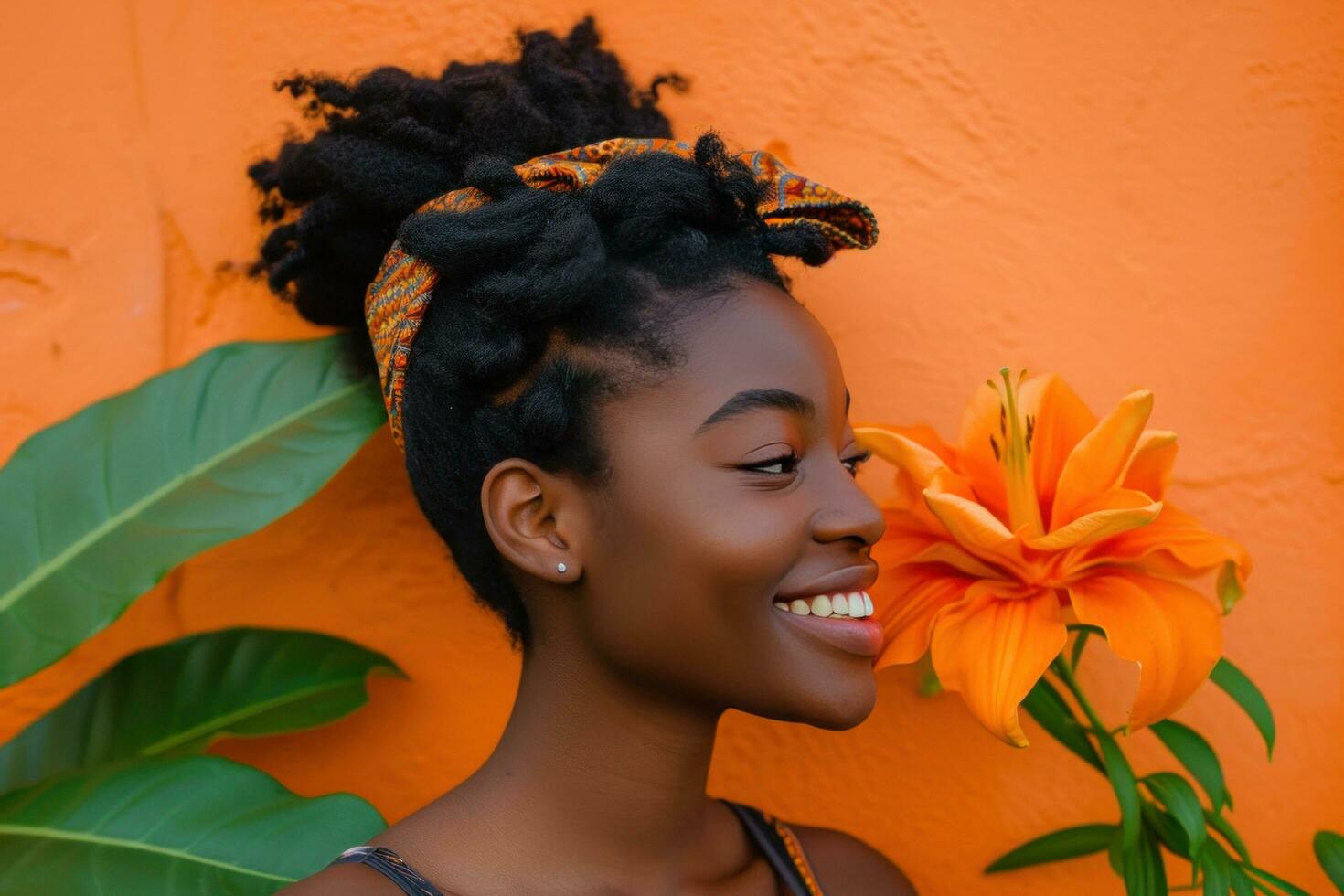 AI generated smiling african american woman holds up flower, photo