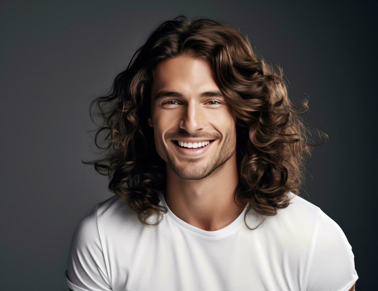 AI generated a man with long curly hair smiling while smiling photo