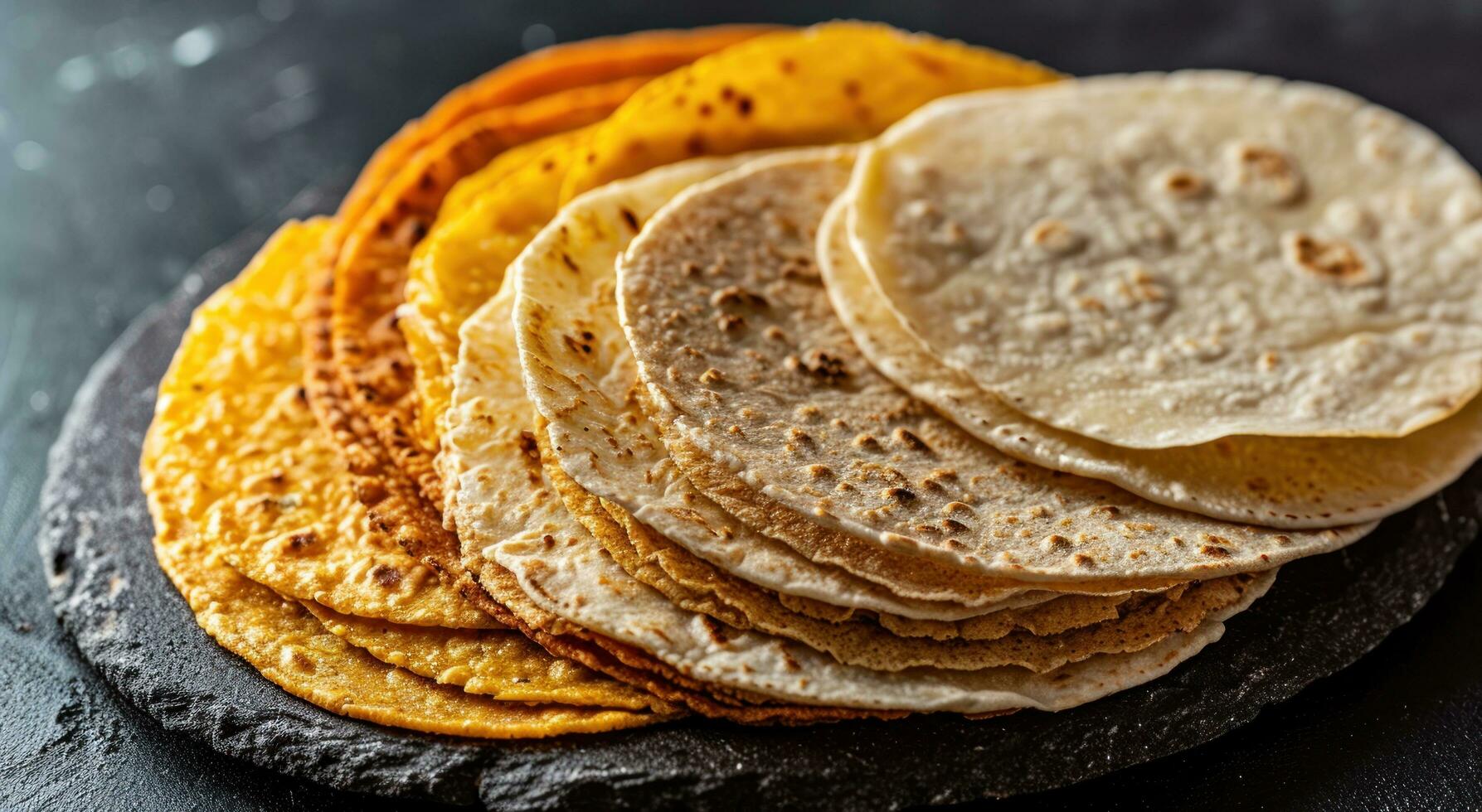 ai generado un rango de diferente tipos de mexicano tortillas en un mesa en negro antecedentes foto