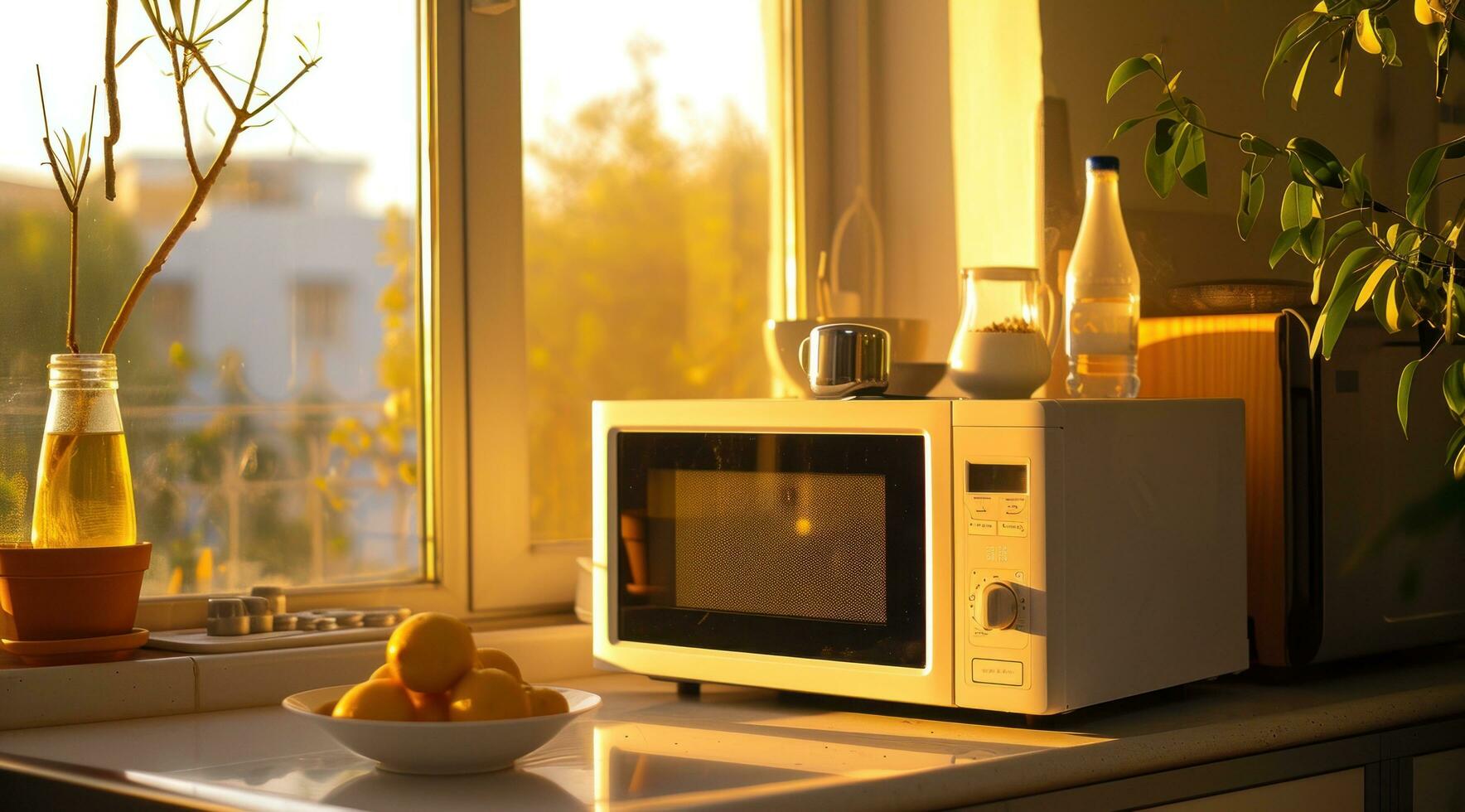 AI generated a microwave on a counter near a window photo