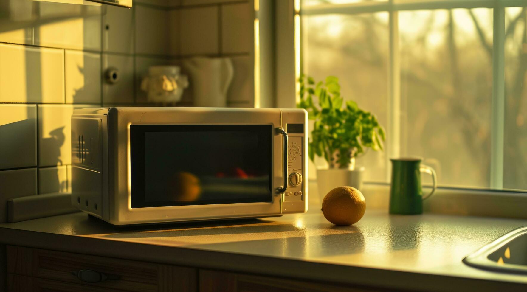 AI generated a microwave on a counter near a window photo