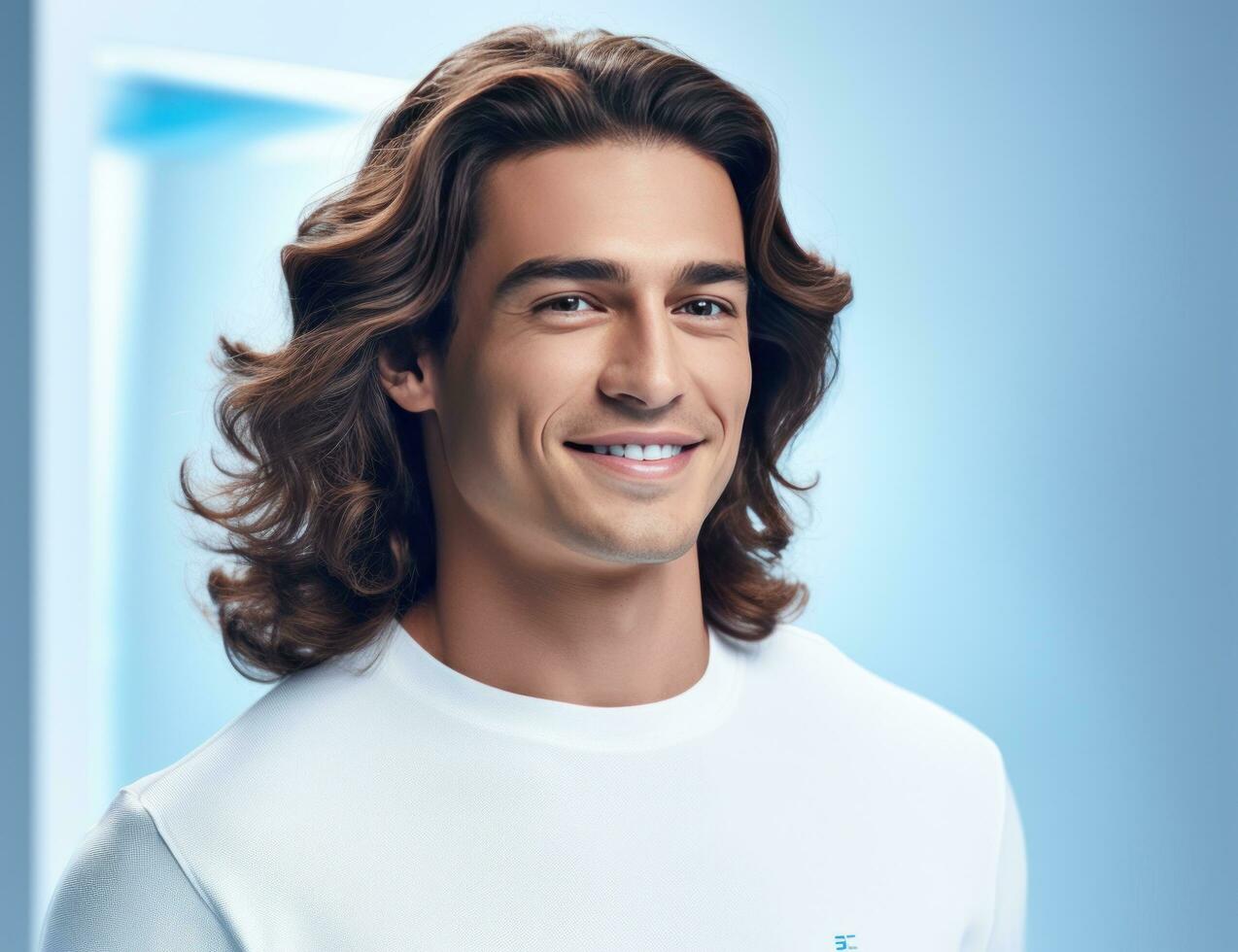 AI generated a man with long curly hair smiling while smiling photo