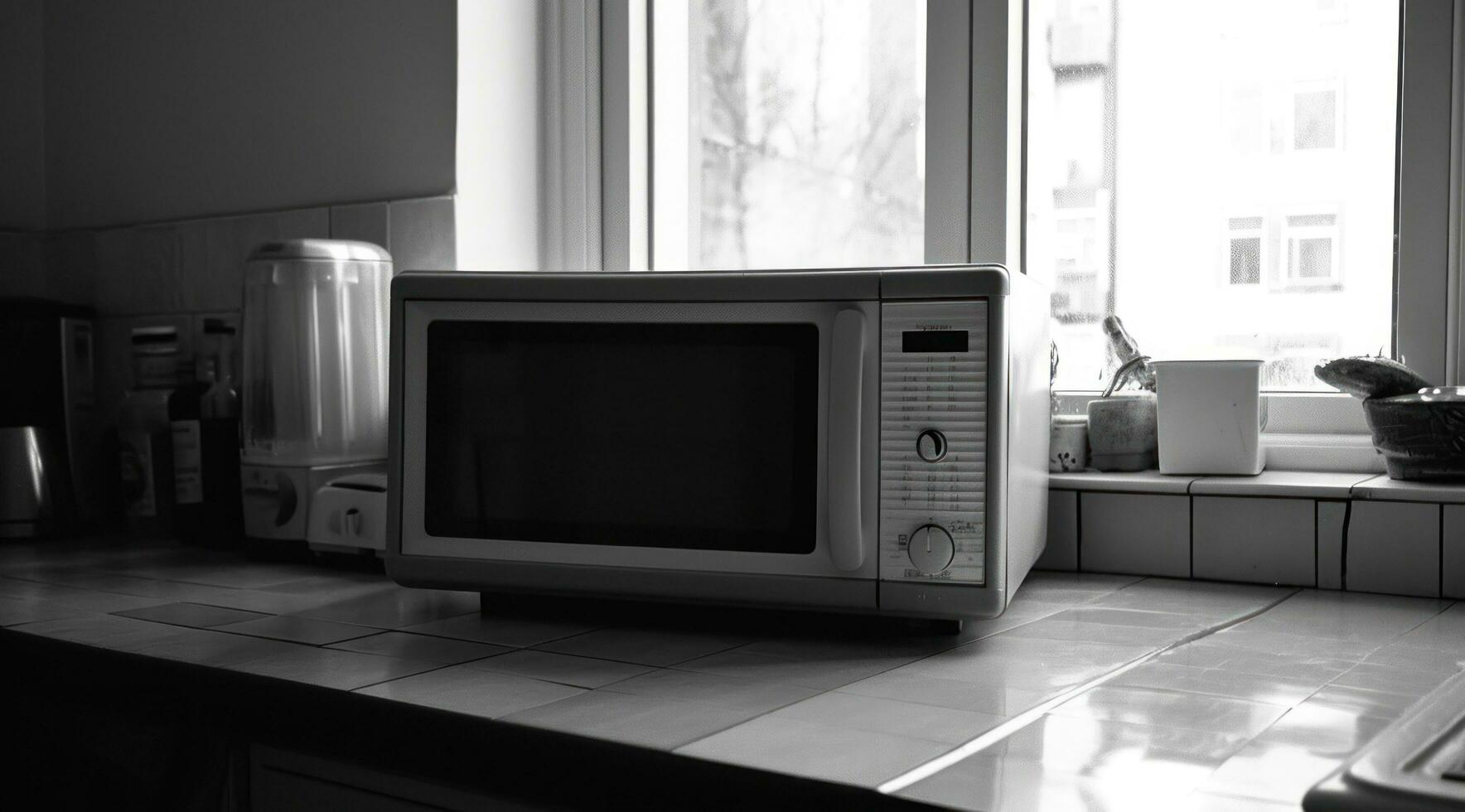 AI generated a microwave on a counter near a window photo