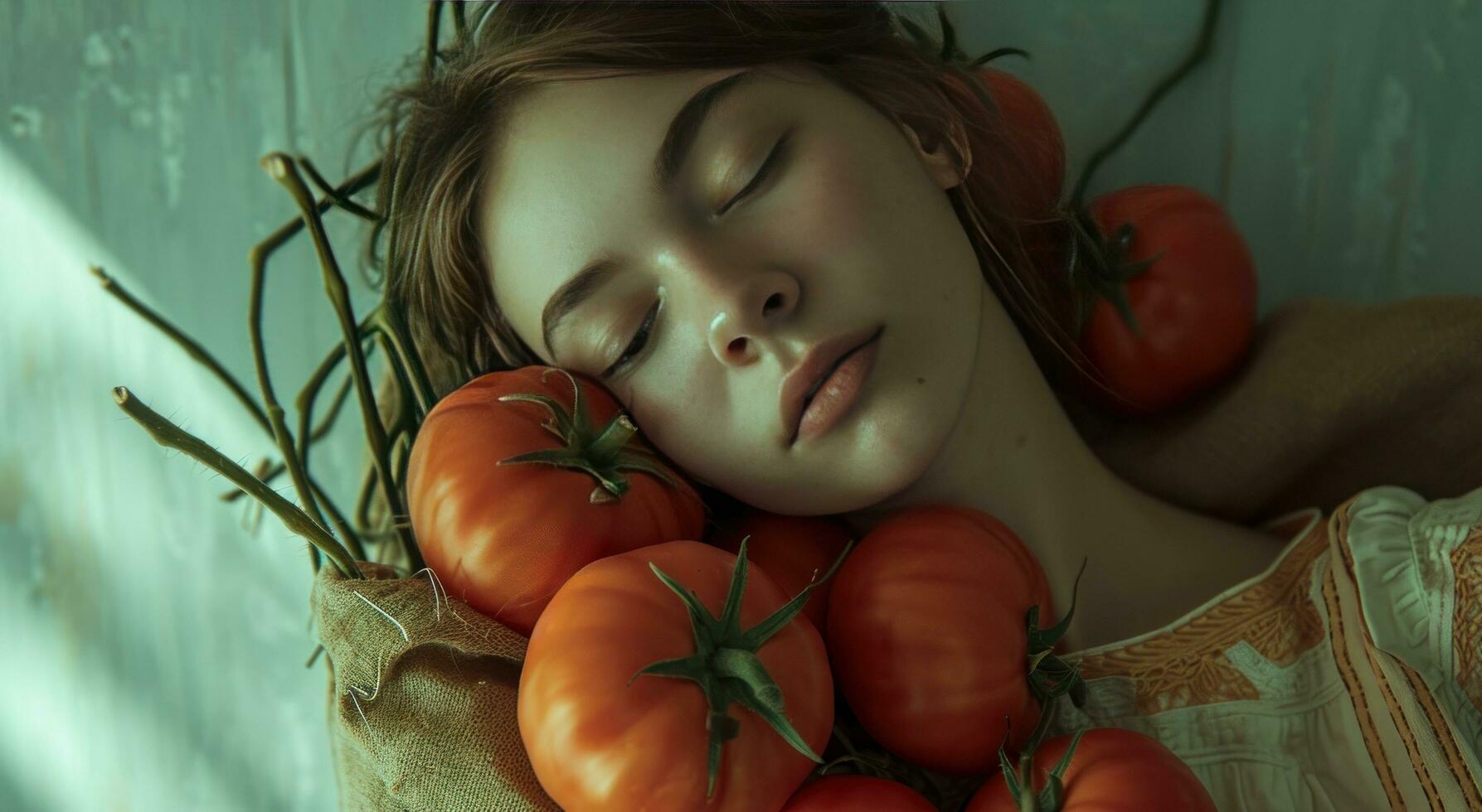 AI generated a girl with a sack of tomatoes photo