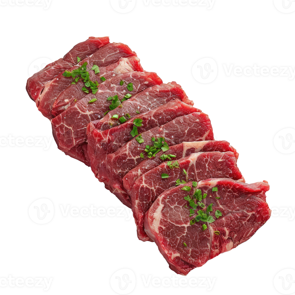 AI generated Raw slices of beef steak on a fork Isolated on white background png