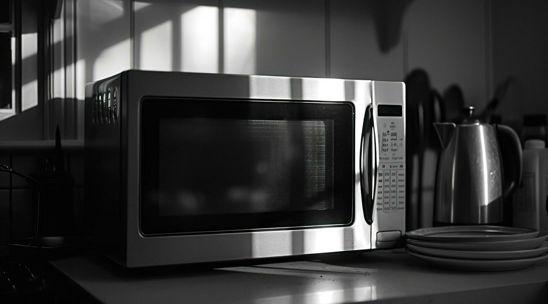 AI generated a microwave on a counter near a window photo