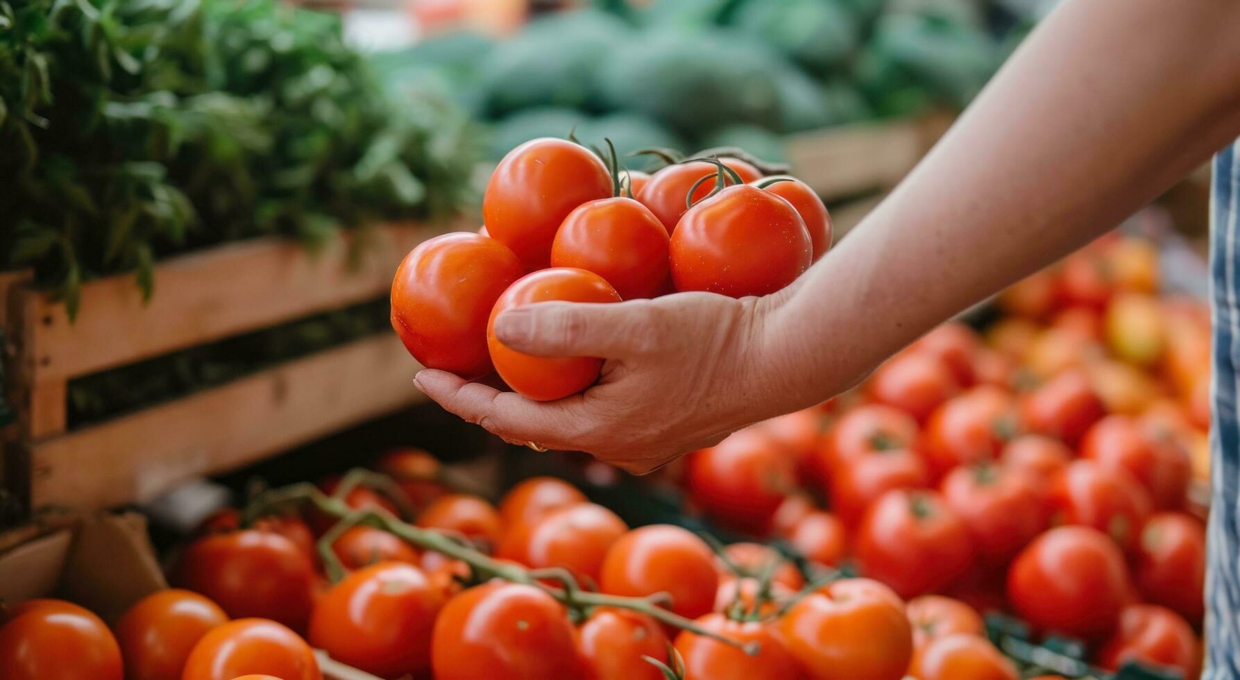 AI generated a hand is holding a fruit and vegetable stand full of red tomatoes photo