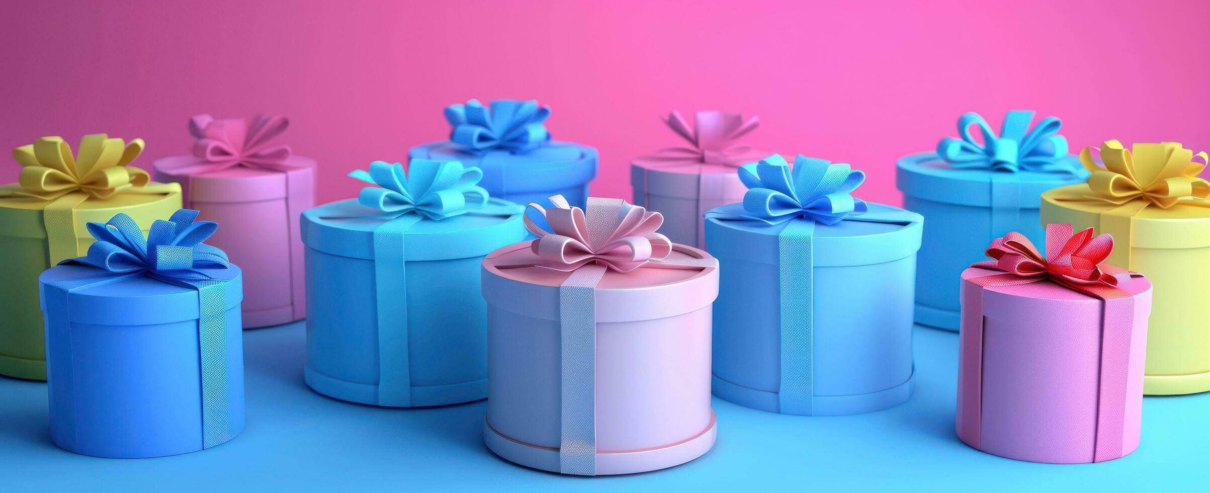 AI generated a series of colorful, round gift boxes on a background photo