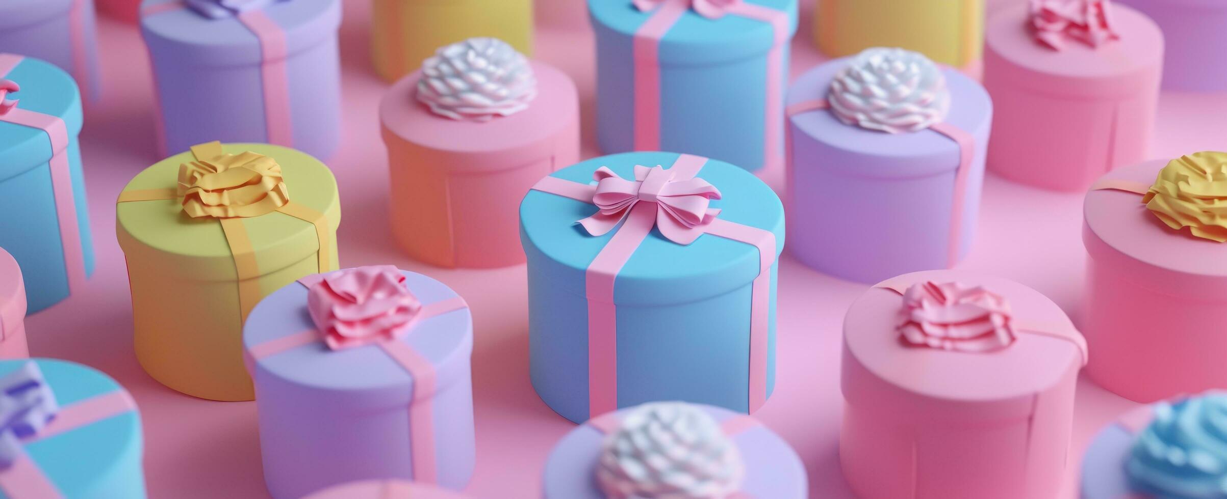 AI generated a series of colorful, round gift boxes on a background photo