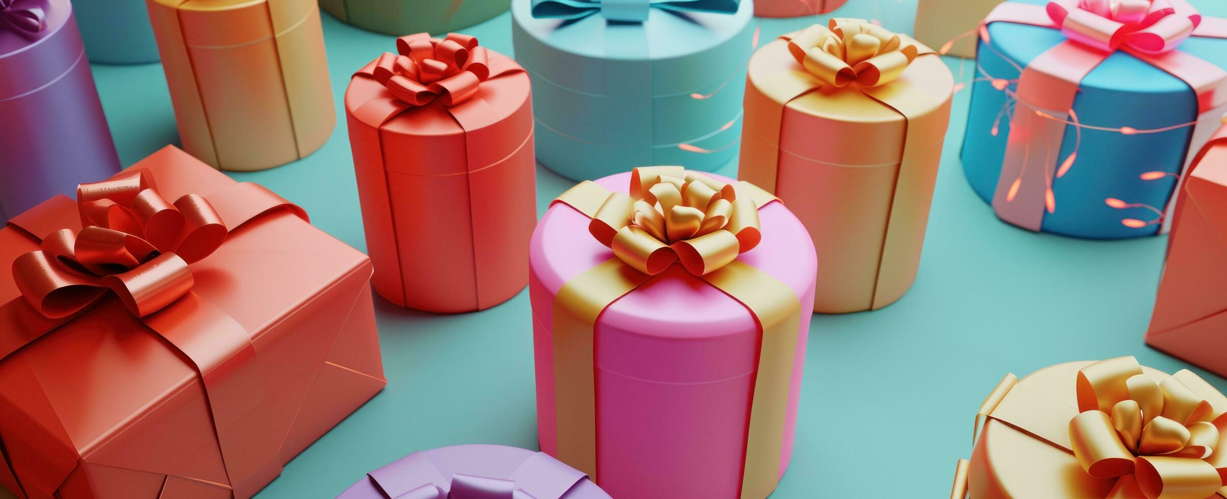 AI generated a series of colorful, round gift boxes on a background photo