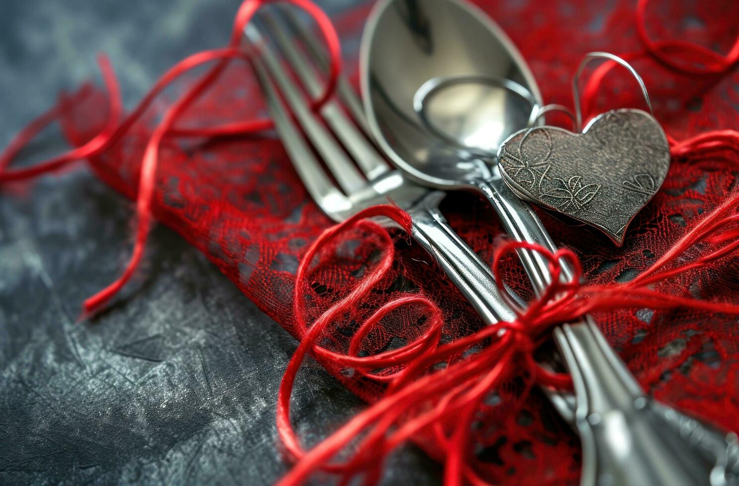 ai generado un plata cuchara y tenedor son siguiente a un rojo cinta foto