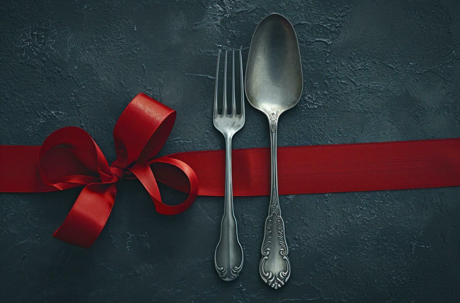 AI generated a silver spoon and fork are next to a red ribbon photo