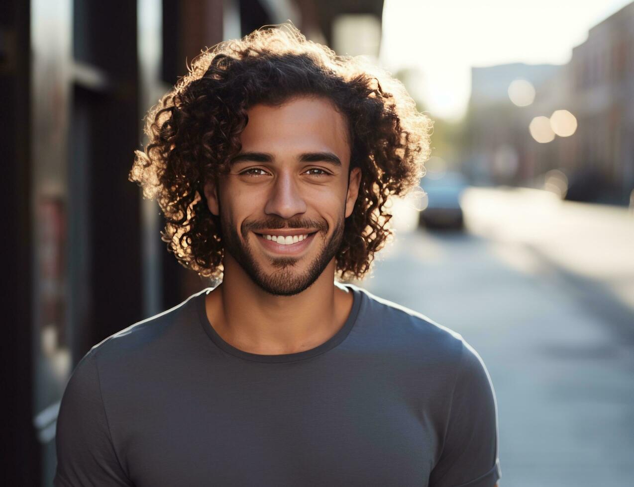 AI generated a smiling man with long curly hair photo