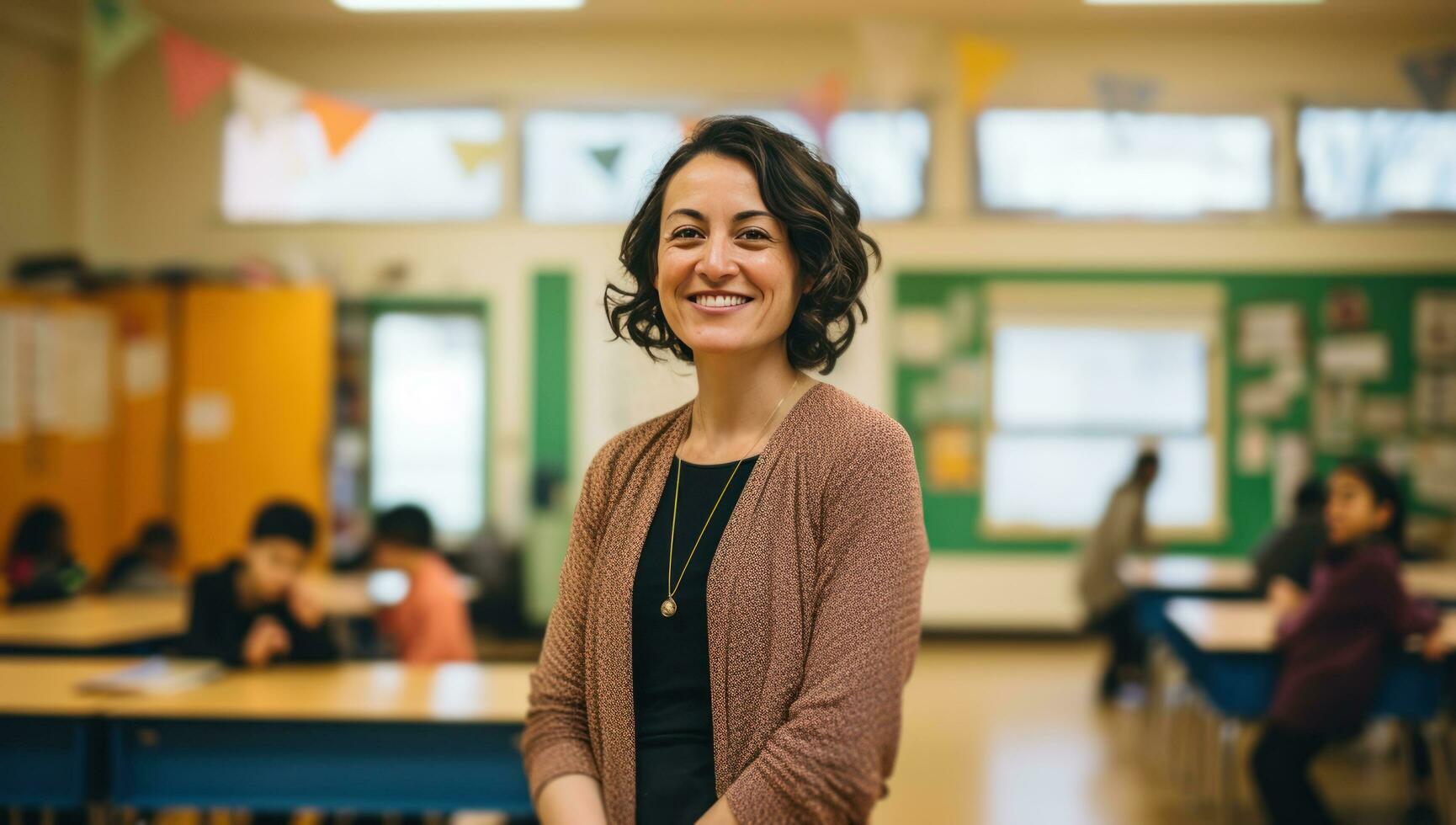 AI generated a smiling woman standing in a classroom photo