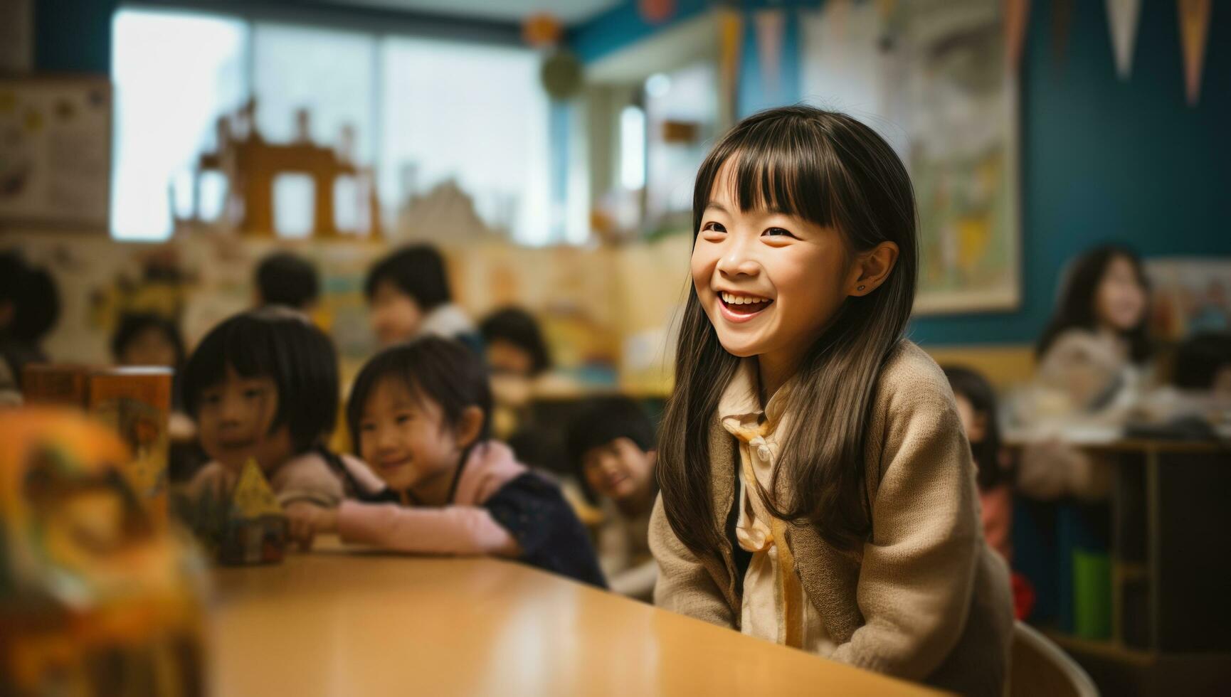 AI generated asian teacher smiling in classroom as child smiles and claps photo