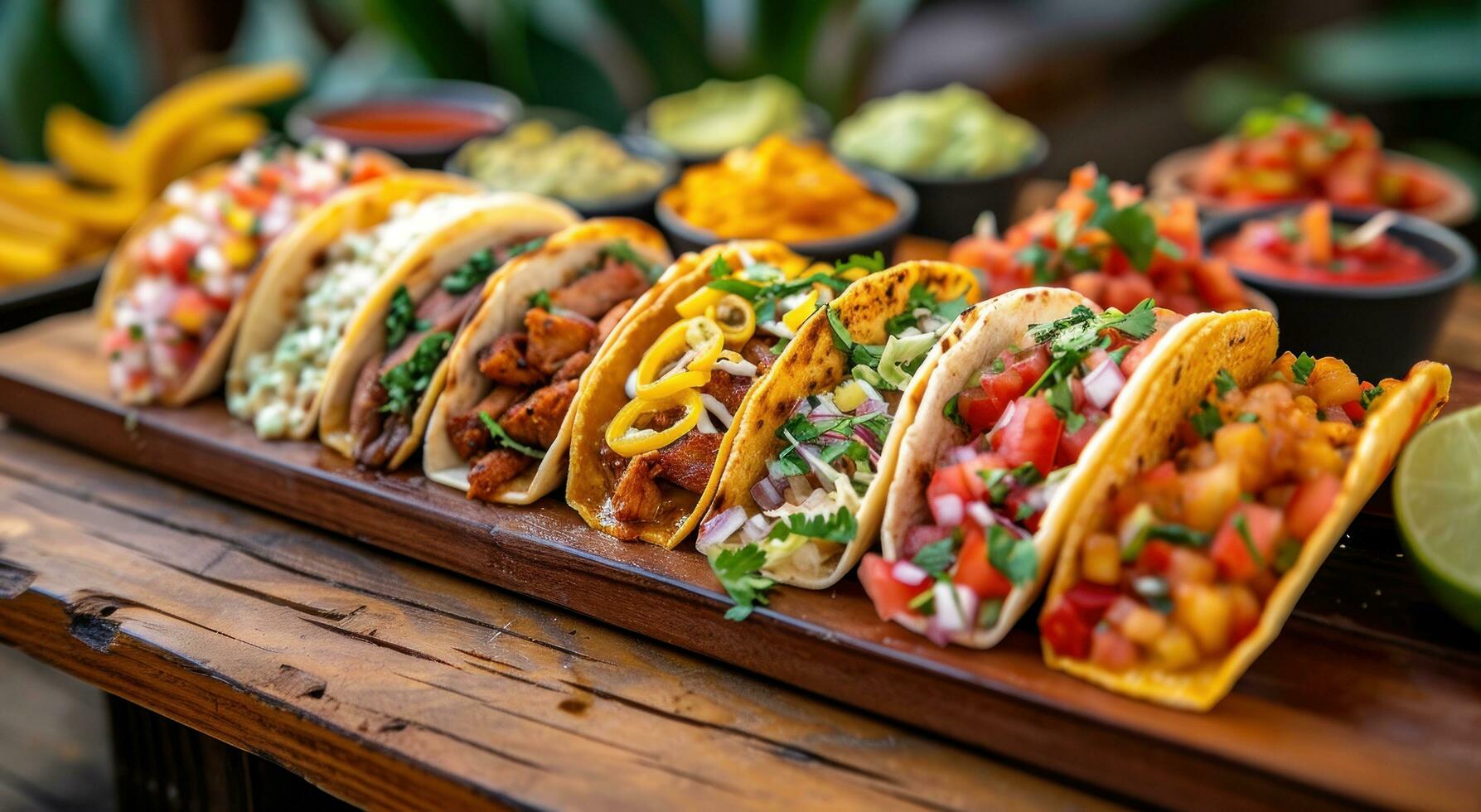 AI generated a variety of tacos is on a wooden tray photo