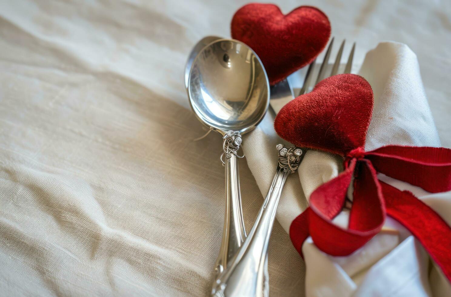 ai generado un plata cuchara y tenedor son siguiente a un rojo cinta foto