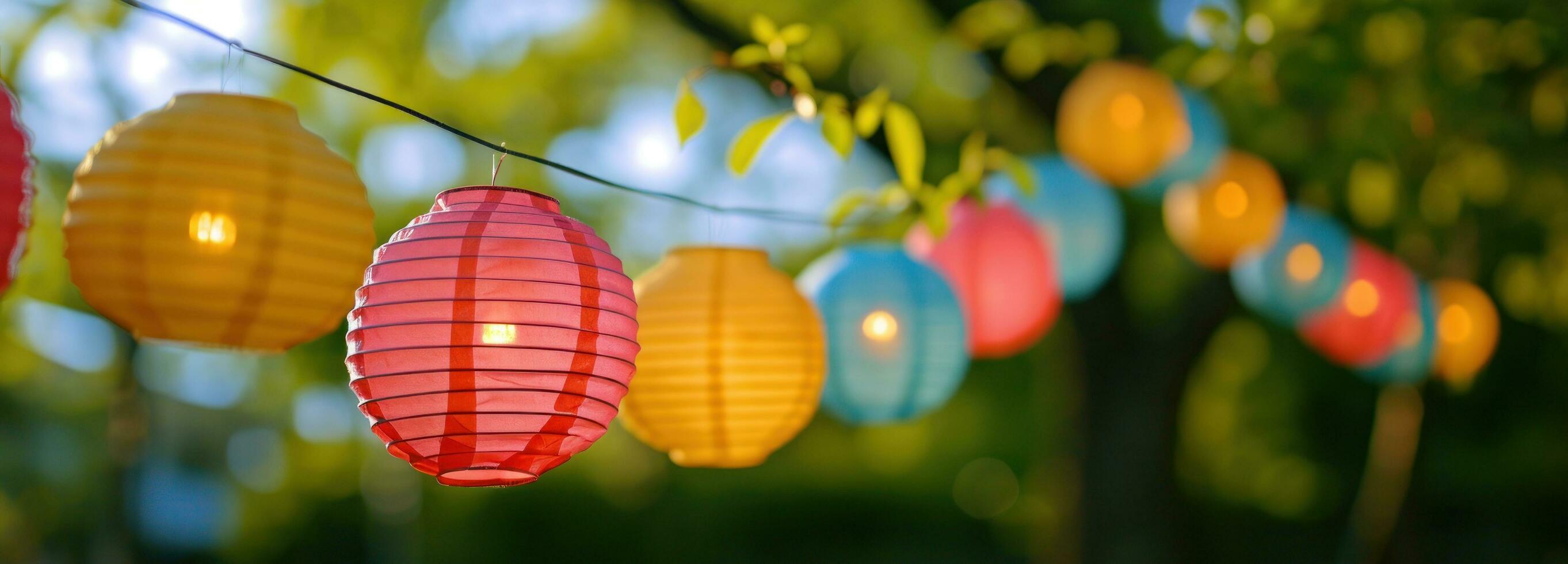 AI generated colorful paper lanterns light up a string in a colorful design photo