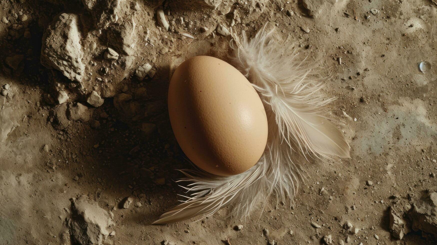 AI generated egg laying on the floor with bird feathers photo