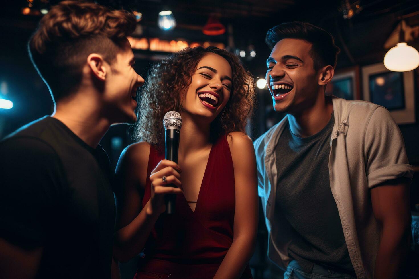 AI generated four friends singing and singing in a bar, photo