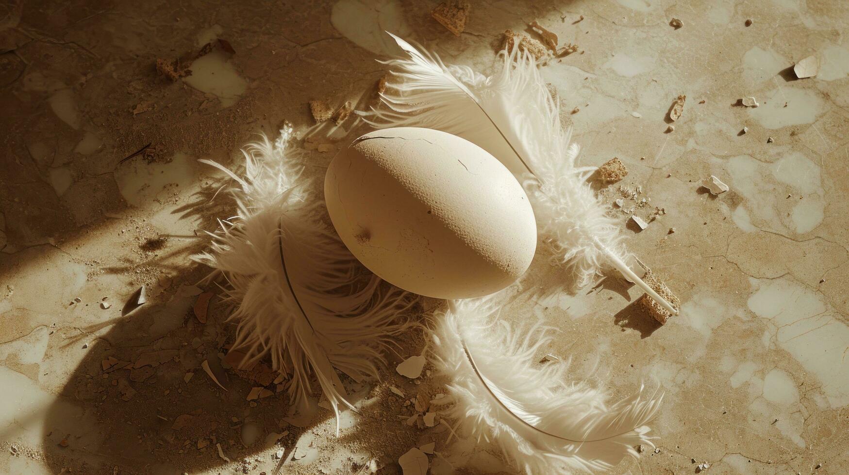 AI generated egg laying on the floor with bird feathers photo