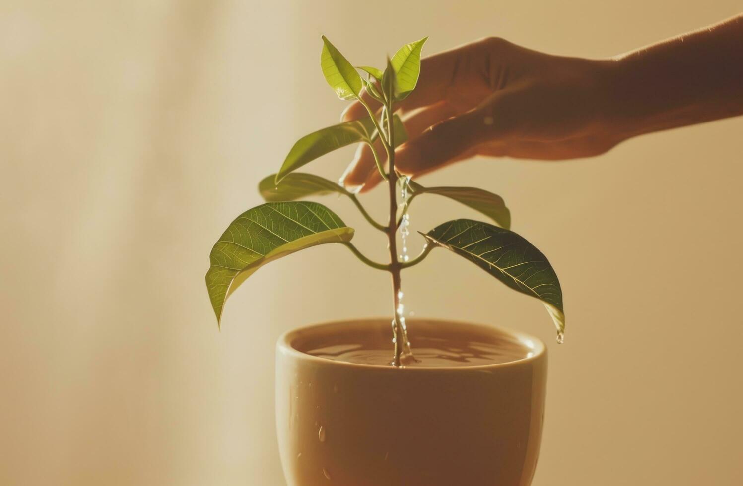 AI generated human hand pouring water into a potted plant photo