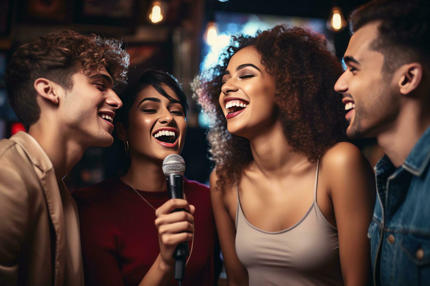 AI generated four friends singing and singing in a bar, photo