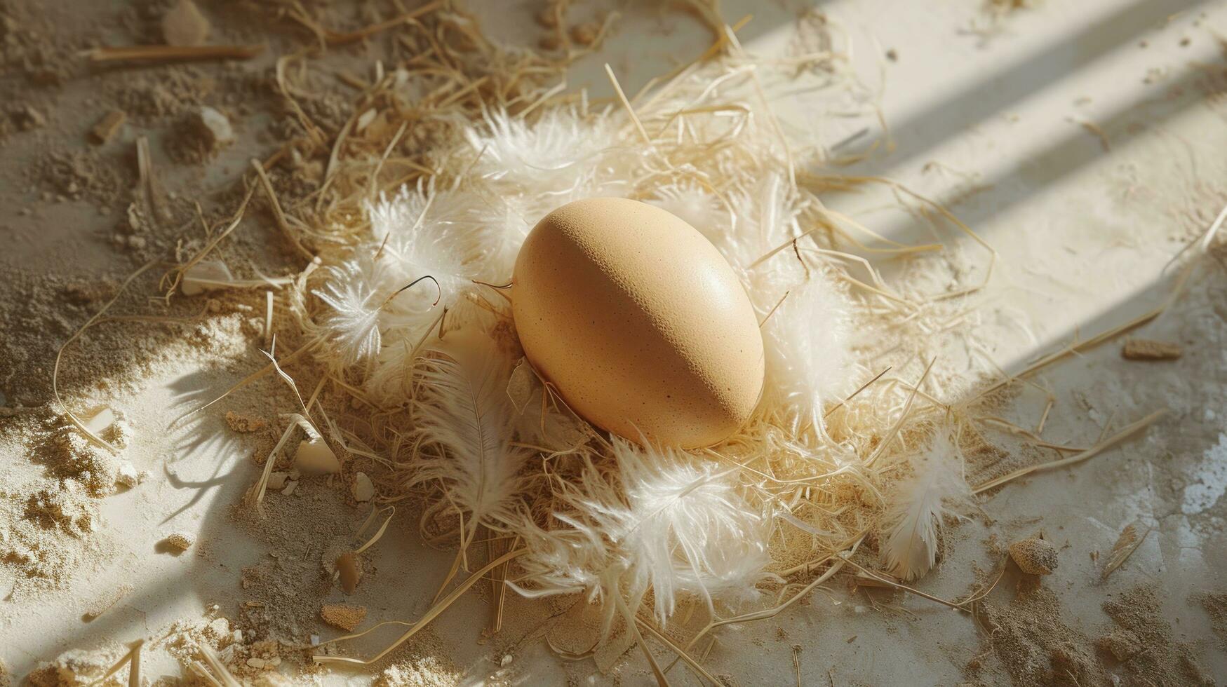 AI generated egg laying on the floor with bird feathers photo