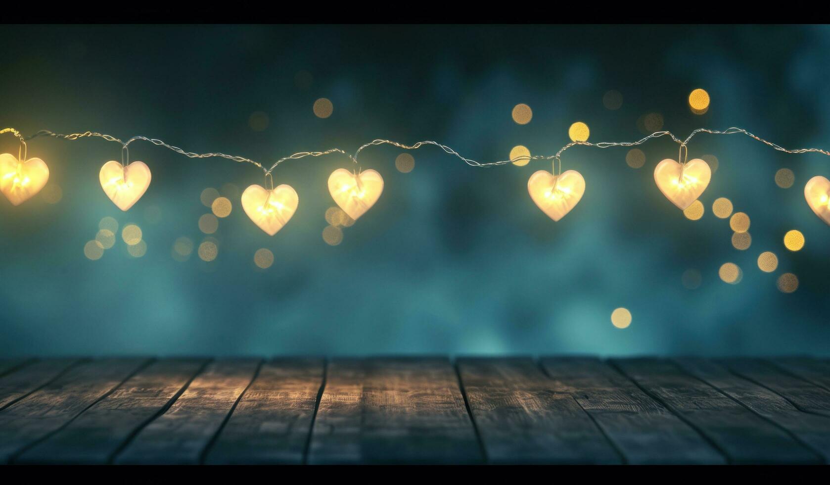 ai generado colgando corazón corazón en cuerda con luces foto