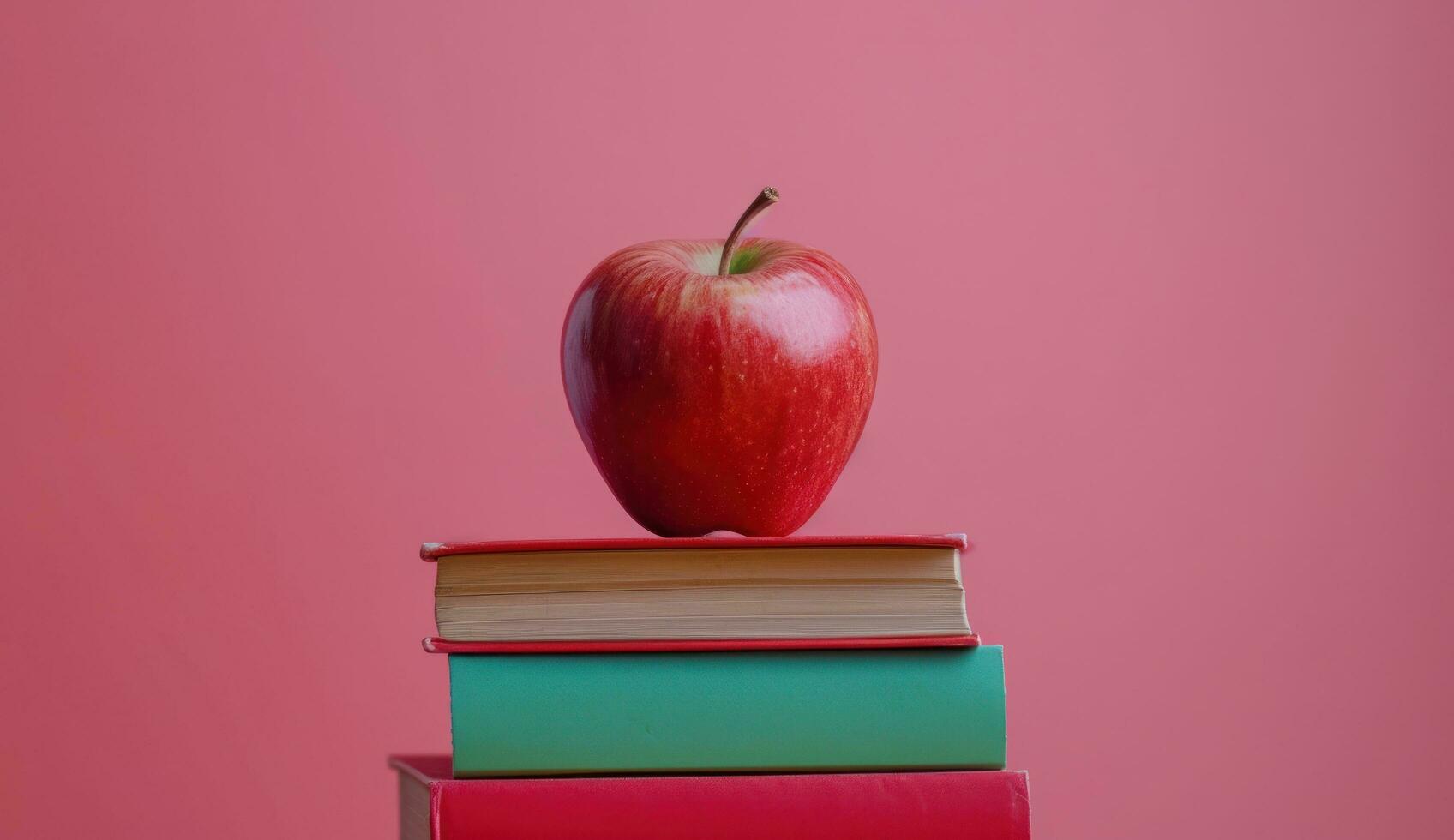 ai generado manzana en un apilar de libros educación foto