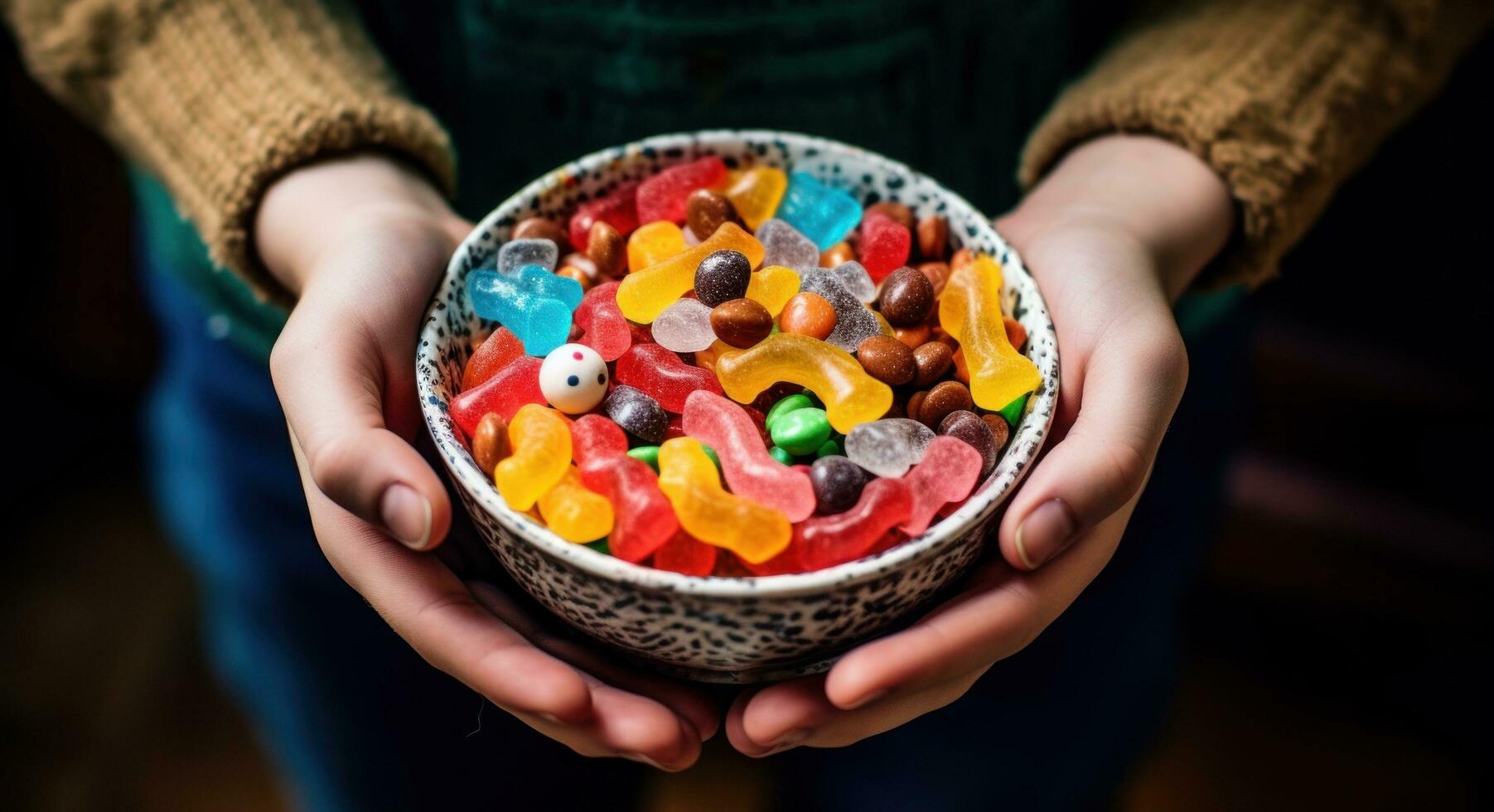 AI generated children's hands holding a large bowl of candy photo